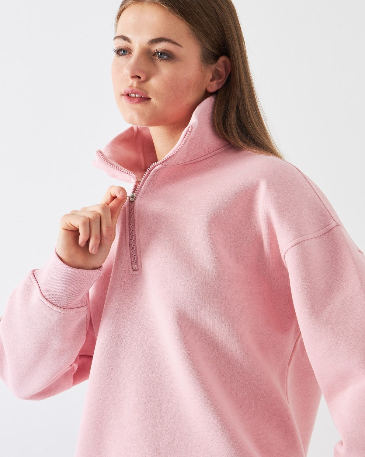 Unisex Oversize Sweatshirt Basic Pembe – Yarım Fermuar Dik Yaka, 3 İplik Şardonlu Polar