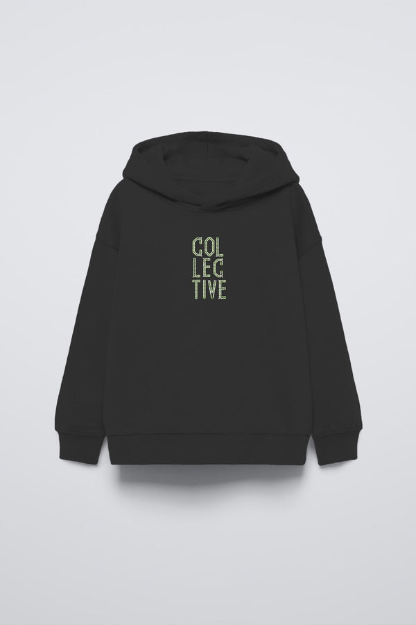 Siyah Kapüşonlu Collective Yazılı Arka Fly Kn It Yazılı Oversize Çocuk Sweatshirt