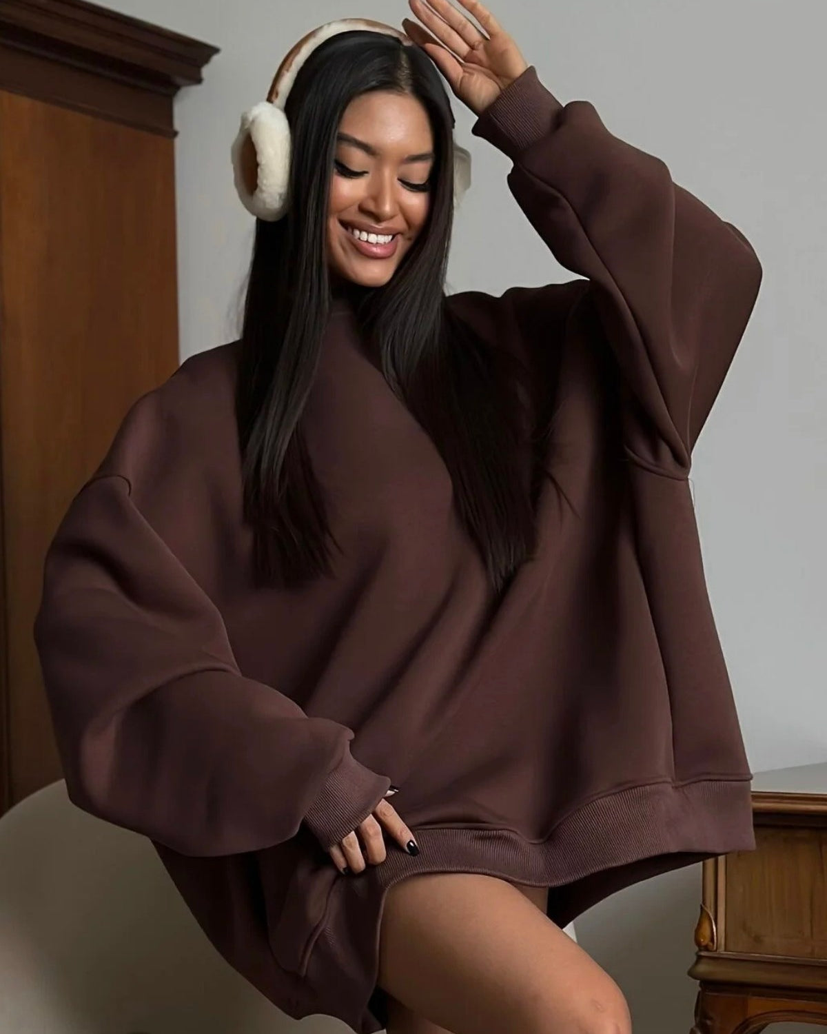 Kadın Oversize Sweatshirt Elbise Basic Kahverengi – Bisiklet Yaka, 3 İplik Şardonlu Polar