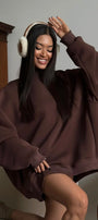 Kadın Oversize Sweatshirt Elbise Basic Kahverengi – Bisiklet Yaka, 3 İplik Şardonlu Polar