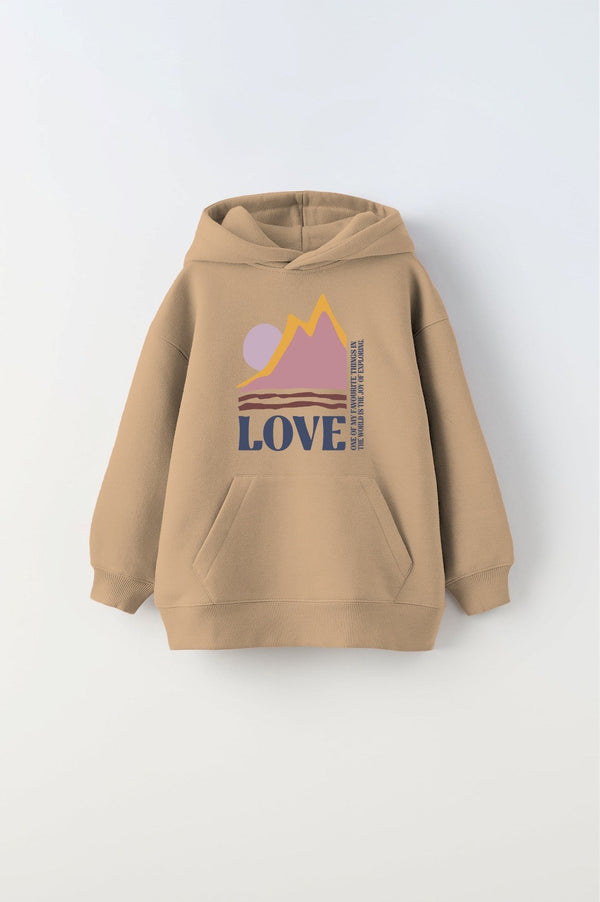 Kapüşonlu İçi Polar Love Yazı Baskılı Bej Unisex Çocuk Hoodie Sweatshirt