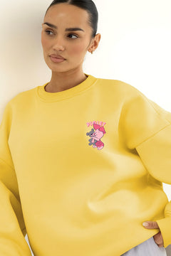 Kadın Oversize Sweatshirt Piglet Hugs Baskılı Sarı – Bisiklet Yaka, 3 İplik Şardonlu Polar