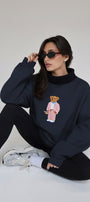 Kadın Oversize Sweatshirt Pink Suit Bear 3D Baskılı Lacivert – Bisiklet Yaka, 3 İplik Şardonlu Polar