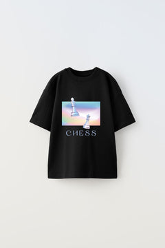 Chess Yazılı  Renkli Satranç Tasarım Baskılı Siyah Çocuk T-Shirt
