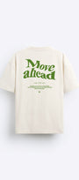 Bisiklet Yaka Move Ahead Yazılı Kordinat Baskılı Oversize Bej Erkek T-shirt