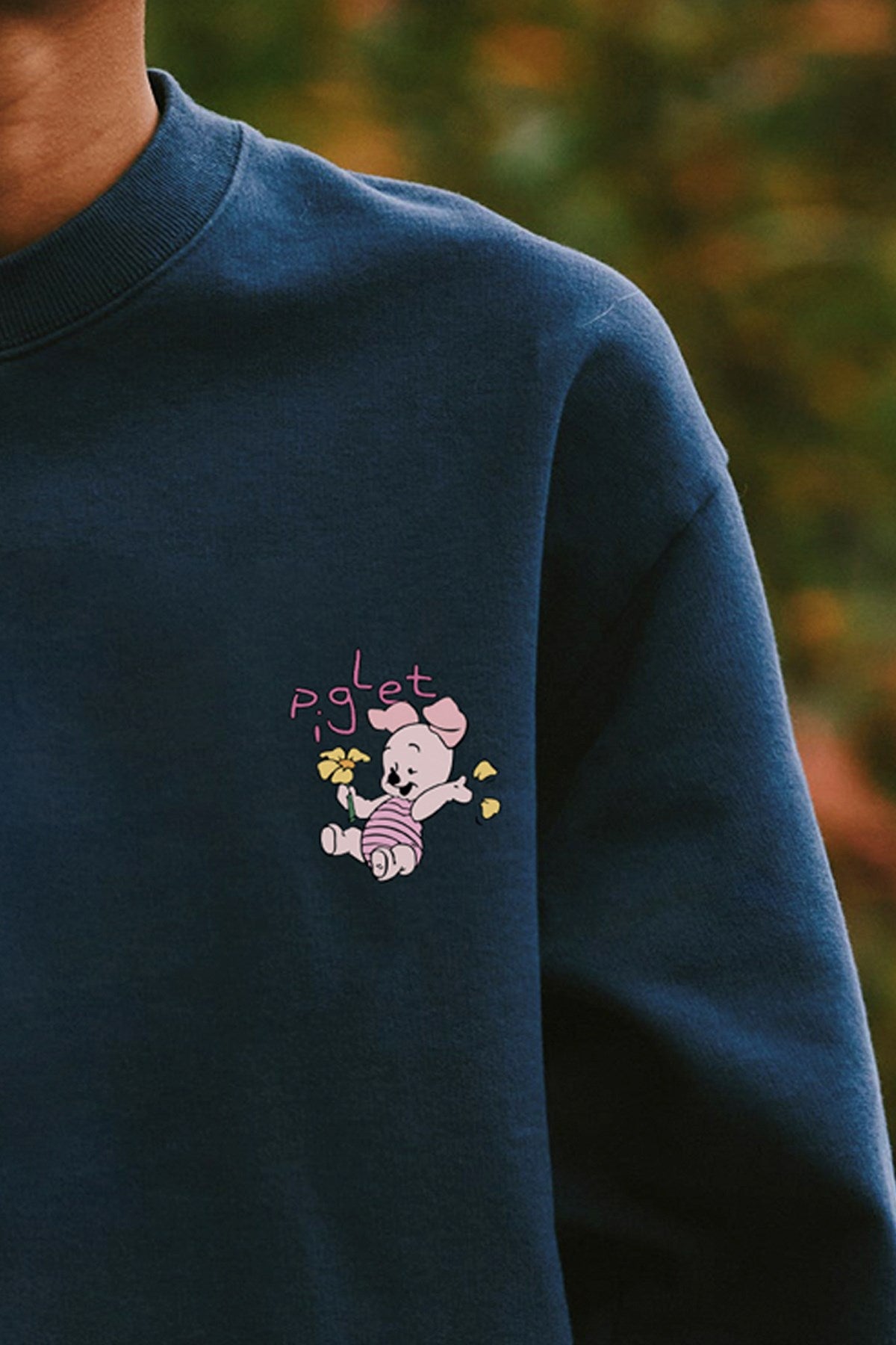 Kadın Oversize Sweatshirt Piglet Bloom Baskılı Lacivert – Bisiklet Yaka, 3 İplik Şardonlu Polar