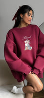 Kadın Oversize Sweatshirt Elbise Blessed Bunny Baskılı Bordo – Bisiklet Yaka, 3 İplik Şardonlu Polar