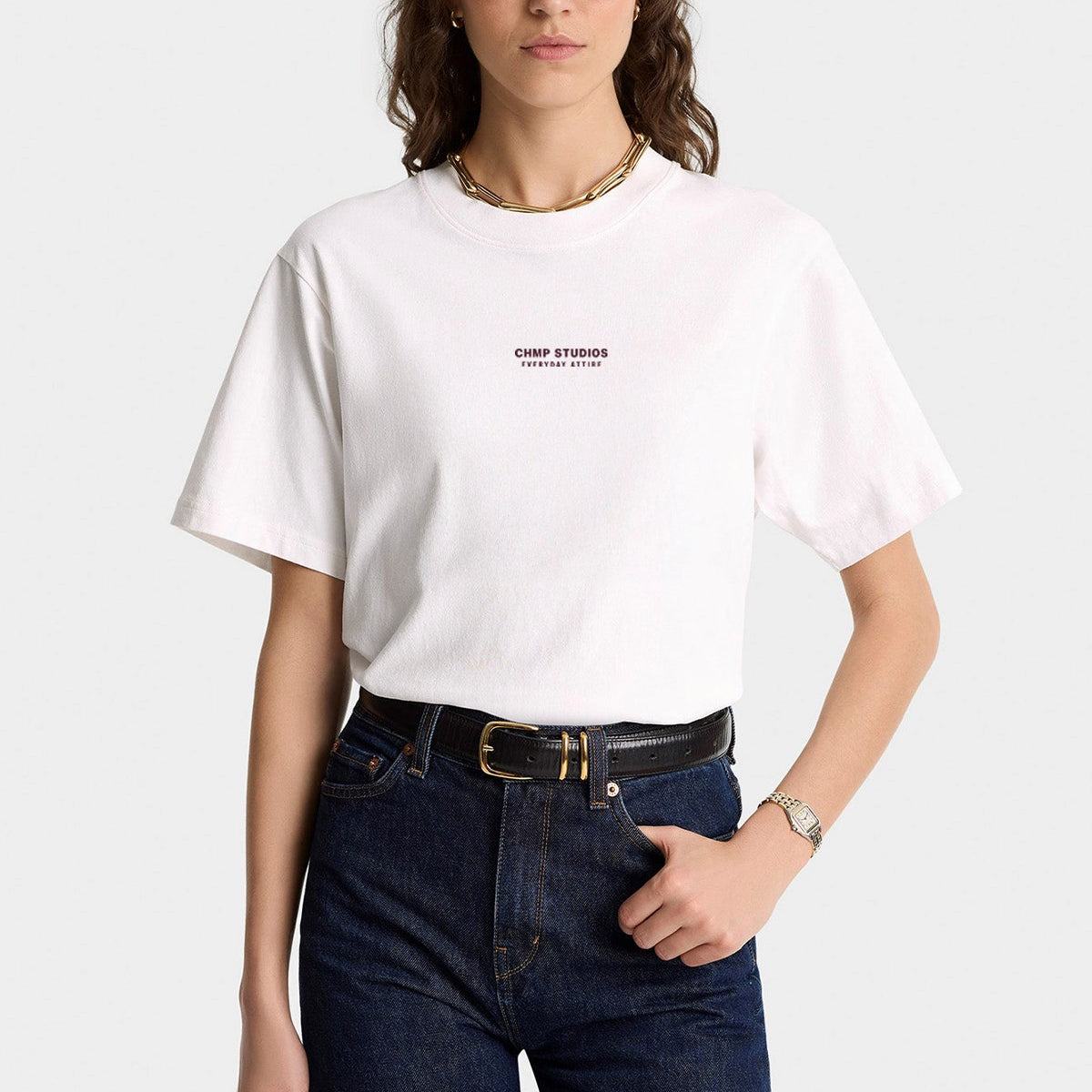 Kadın Oversize Tişört CHMP STUDIOS Baskılı Beyaz – Bisiklet Yaka, %100 Pamuk Compact Süprem 24/1
