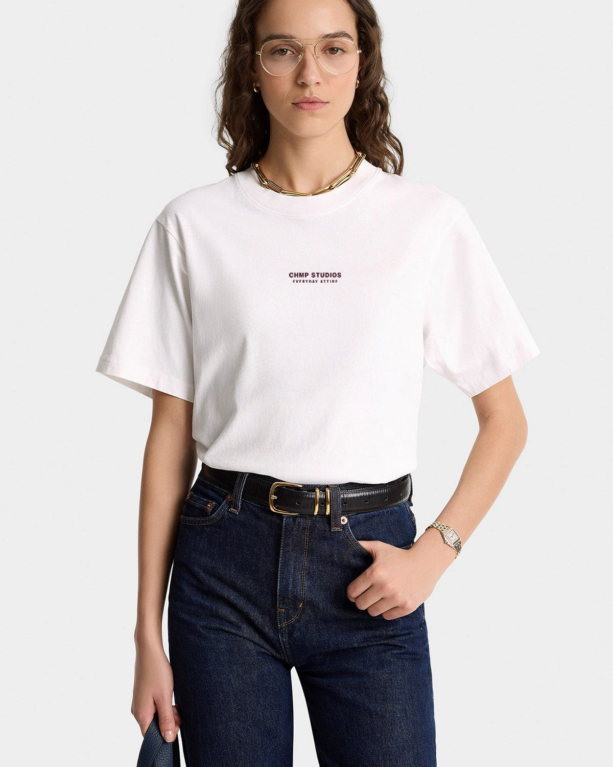 Kadın Oversize Tişört CHMP STUDIOS Baskılı Beyaz – Bisiklet Yaka, %100 Pamuk Compact Süprem 24/1