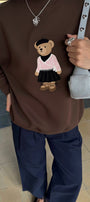 Kadın Oversize Sweatshirt Ballerina Bear Baskılı Kahverengi – Bisiklet Yaka, 3 İplik Şardonlu Polar