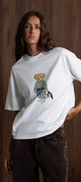 Kadın Oversize Tişört COZY Bear Baskılı Beyaz– %100 Pamuk Compact Süprem 24/1