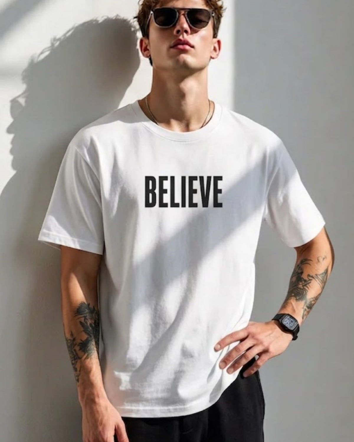 Erkek Oversize Tişört Believe Baskılı Beyaz – Bisiklet Yaka, Rahat Kalıp, %100 Pamuk
