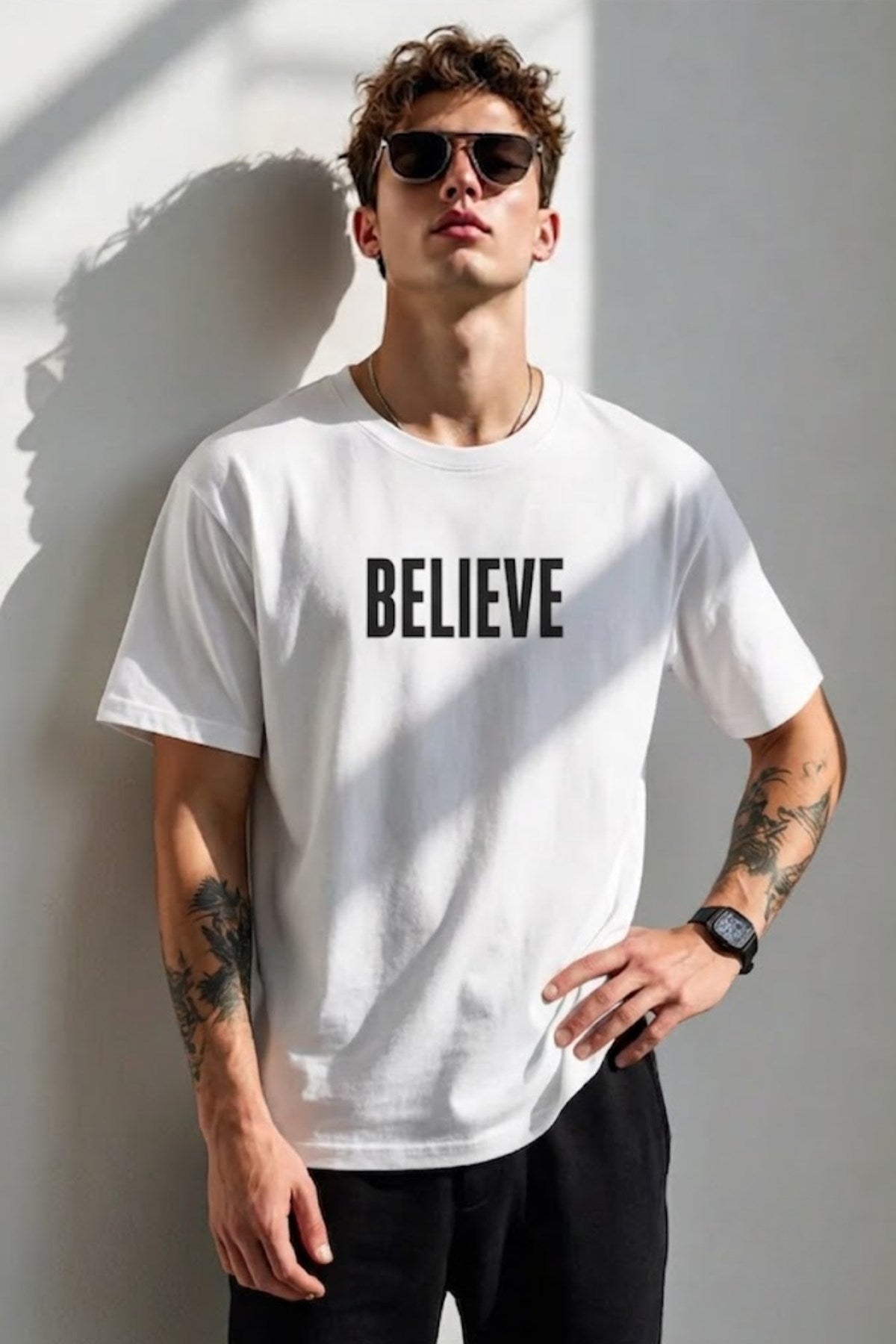 Erkek Oversize Tişört Believe Baskılı Beyaz – Bisiklet Yaka, Rahat Kalıp, %100 Pamuk