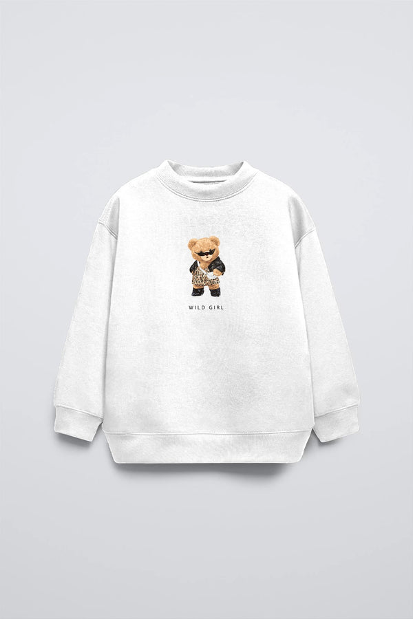 Beyaz Bisiklet Yaka Leopar Teddy Baskılı Oversize Çocuk Sweatshirt