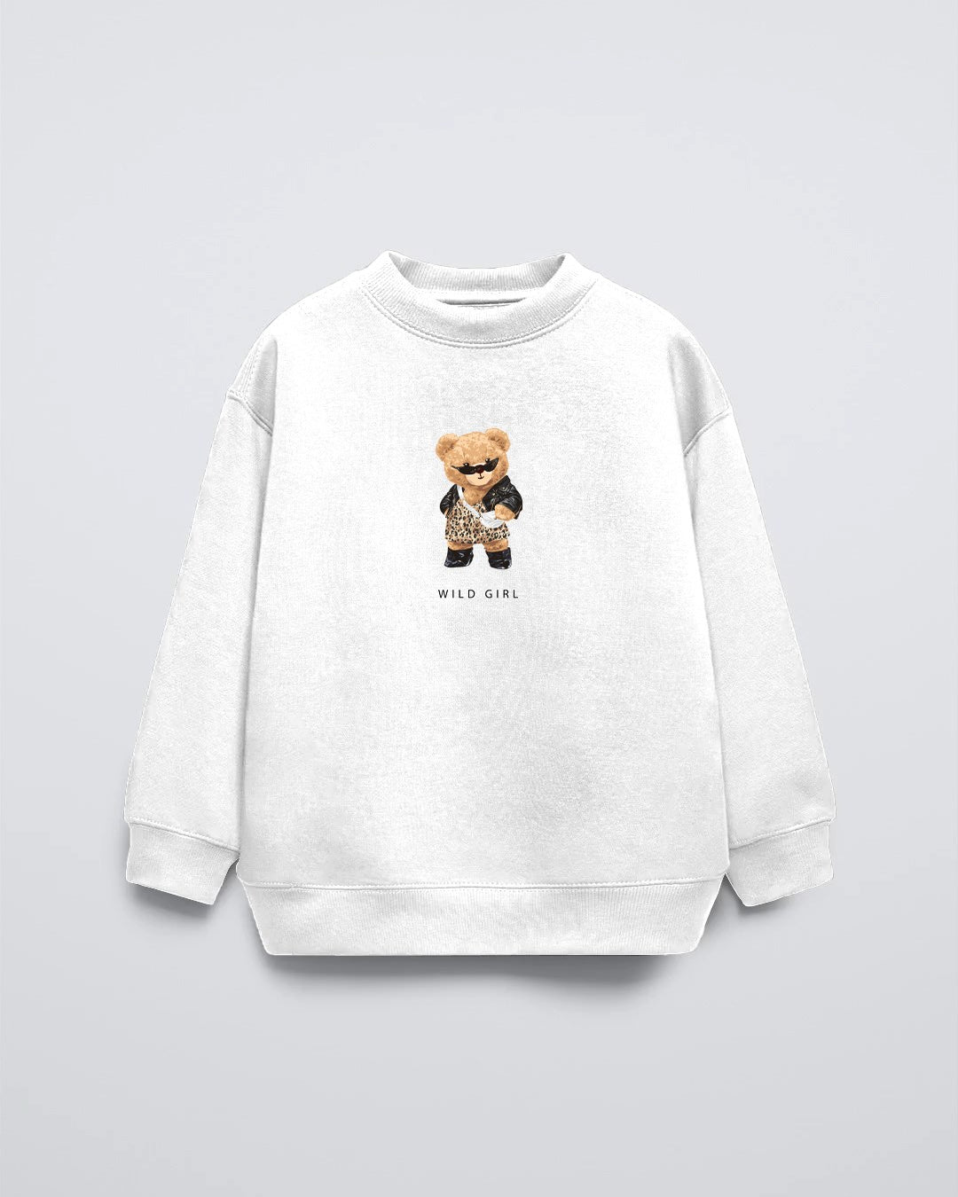 Beyaz Bisiklet Yaka Leopar Teddy Baskılı Oversize Çocuk Sweatshirt