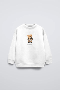 Beyaz Bisiklet Yaka Leopar Teddy Baskılı Oversize Çocuk Sweatshirt