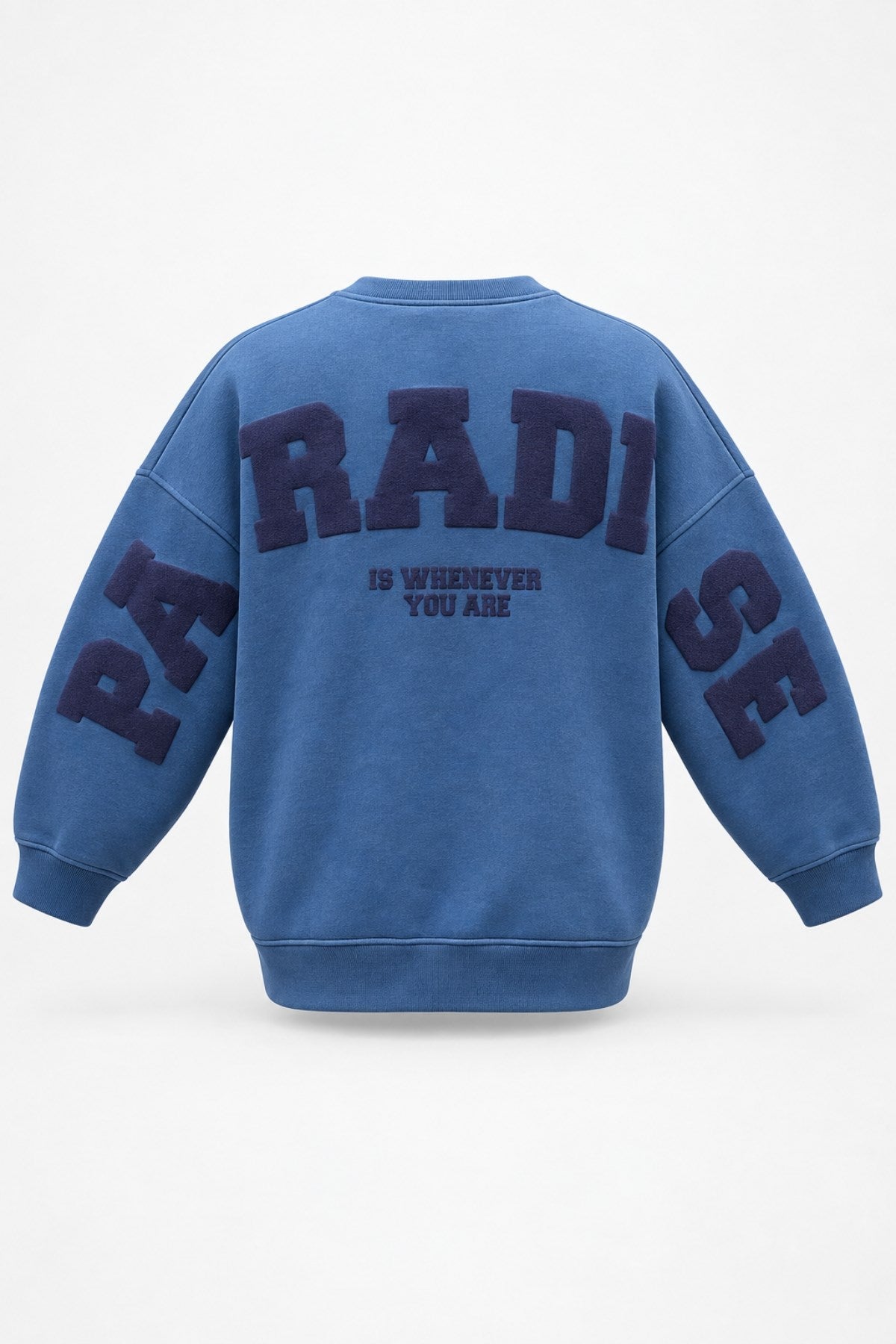 Kadın Oversize Sweatshirt Paradise Varsity Kabartma Baskılı Marine – Bisiklet Yaka, 3 İplik Şardonlu Polar