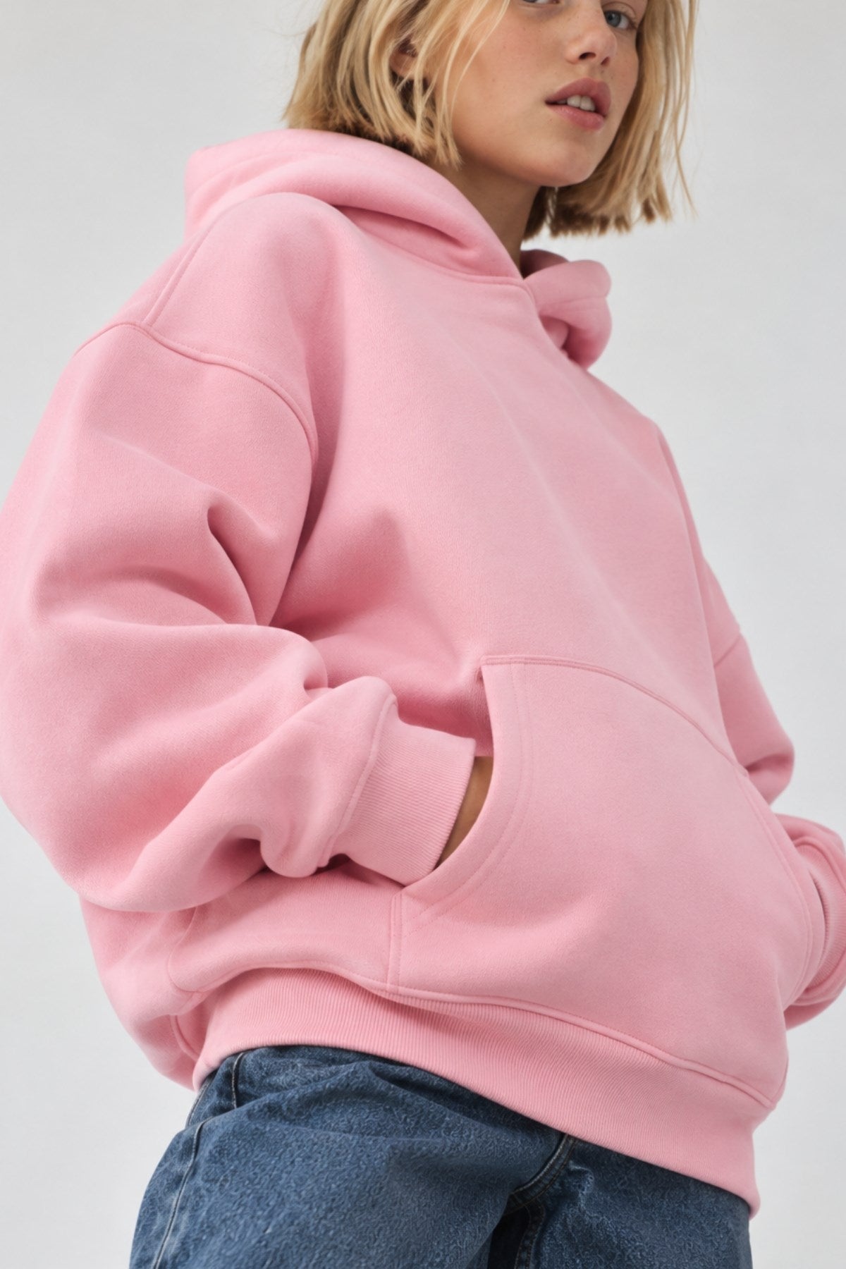 Kız Çocuk Oversize Basic Hoodie Sweatshirt Pembe – Kapüşonlu, Kanguru Cepli, 3 İplik Polar