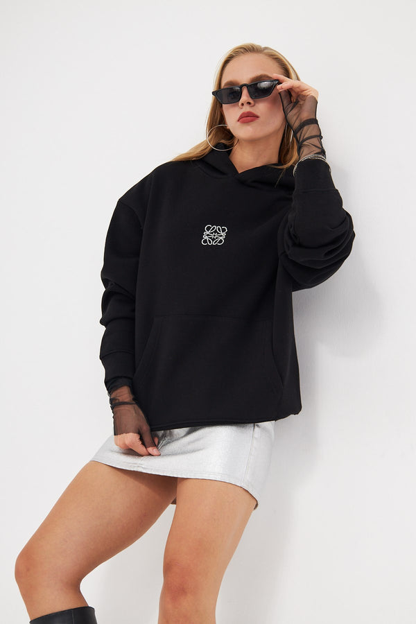 Kapüşonlu İçi Polar Taş Baskılı Siyah Oversize Hoodie Sweatshirt