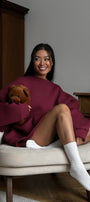 Kadın Oversize Sweatshirt Elbise Basic Bordo – Bisiklet Yaka, 3 İplik Şardonlu Polar