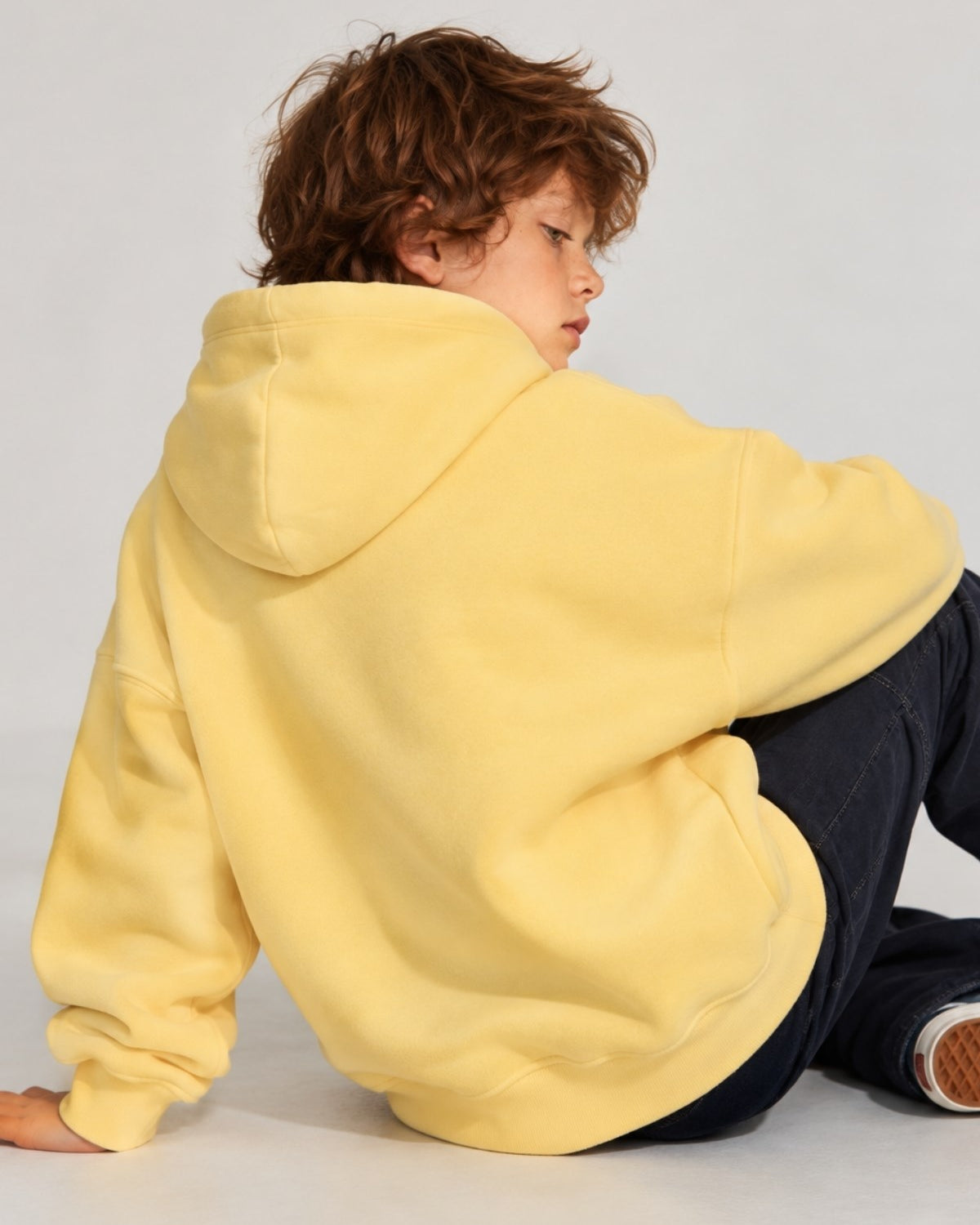 Erkek Çocuk Oversize Basic Hoodie Sweatshirt Sarı – Kapüşonlu, Kanguru Cepli, 3 İplik Polar