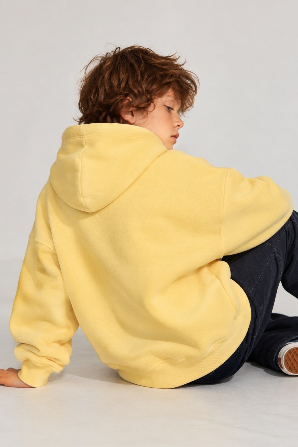 Erkek Çocuk Oversize Basic Hoodie Sweatshirt Sarı – Kapüşonlu, Kanguru Cepli, 3 İplik Polar