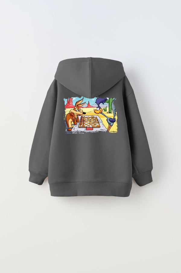 Kapüşonlu İçi Polar Satranç Cartoon Baskılı Füme Unisex Çocuk Hoodie Sweatshirt