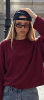 Kadın Relaxed Fit Sweatshirt Basic Bordo – Bisiklet Yaka, 3 İplik Şardonsuz, Düşük Omuz, Geniş Kol