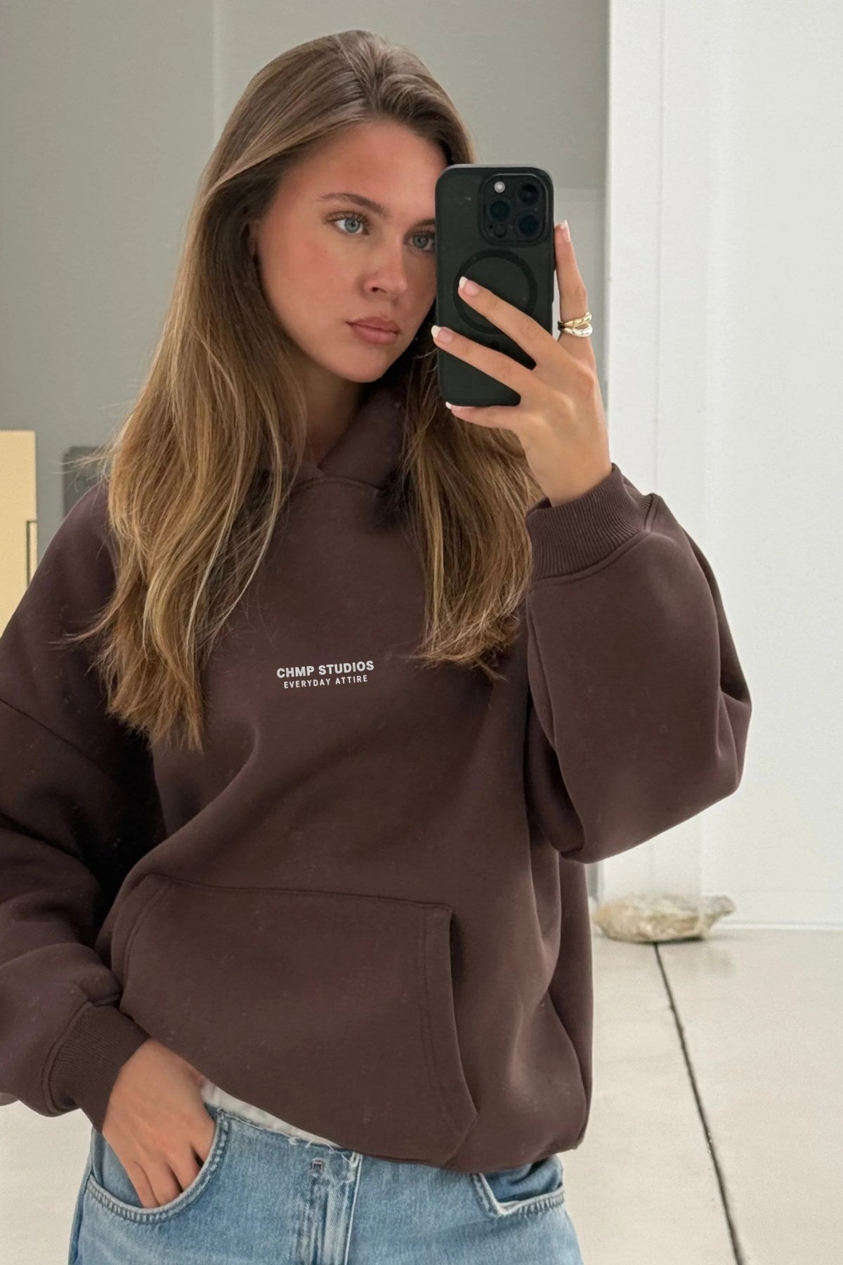 Kadın Oversize Sweatshirt Hoodie CHMP SUDIOS Kahverengi – Kapüşonlu, 3 İplik , Kanguru Cepli