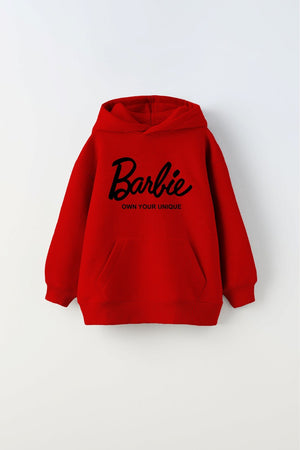 Kapüşonlu İçi Polar Barbie Own Your Unique Yazı Baskılı Kırmızı Unisex Çocuk Hoodie Sweatshirt