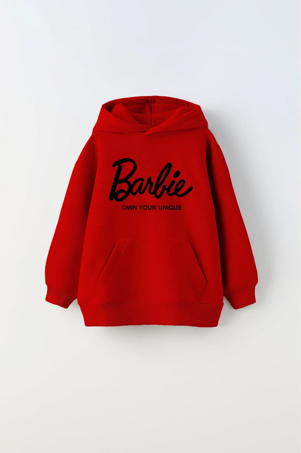 Kapüşonlu İçi Polar Barbie Own Your Unique Yazı Baskılı Kırmızı Unisex Çocuk Hoodie Sweatshirt