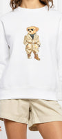 Kadın Oversize Sweatshirt Trench Bear Baskılı Beyaz – Bisiklet Yaka, 3 İplik Şardonlu