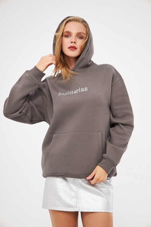 Kapüşonlu İçi Polar Sagittarius Yazılı Taş Baskılı Füme Oversize Hoodie Sweatshirt