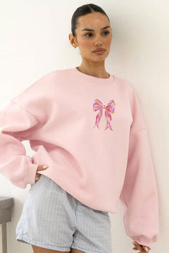 Kadın Oversize Sweatshirt Pembe  Kurdele Baskılı Pembe – Bisiklet Yaka, 3 İplik Şardonlu Polar