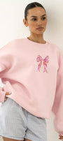 Kadın Oversize Sweatshirt Pembe  Kurdele Baskılı Pembe – Bisiklet Yaka, 3 İplik Şardonlu Polar