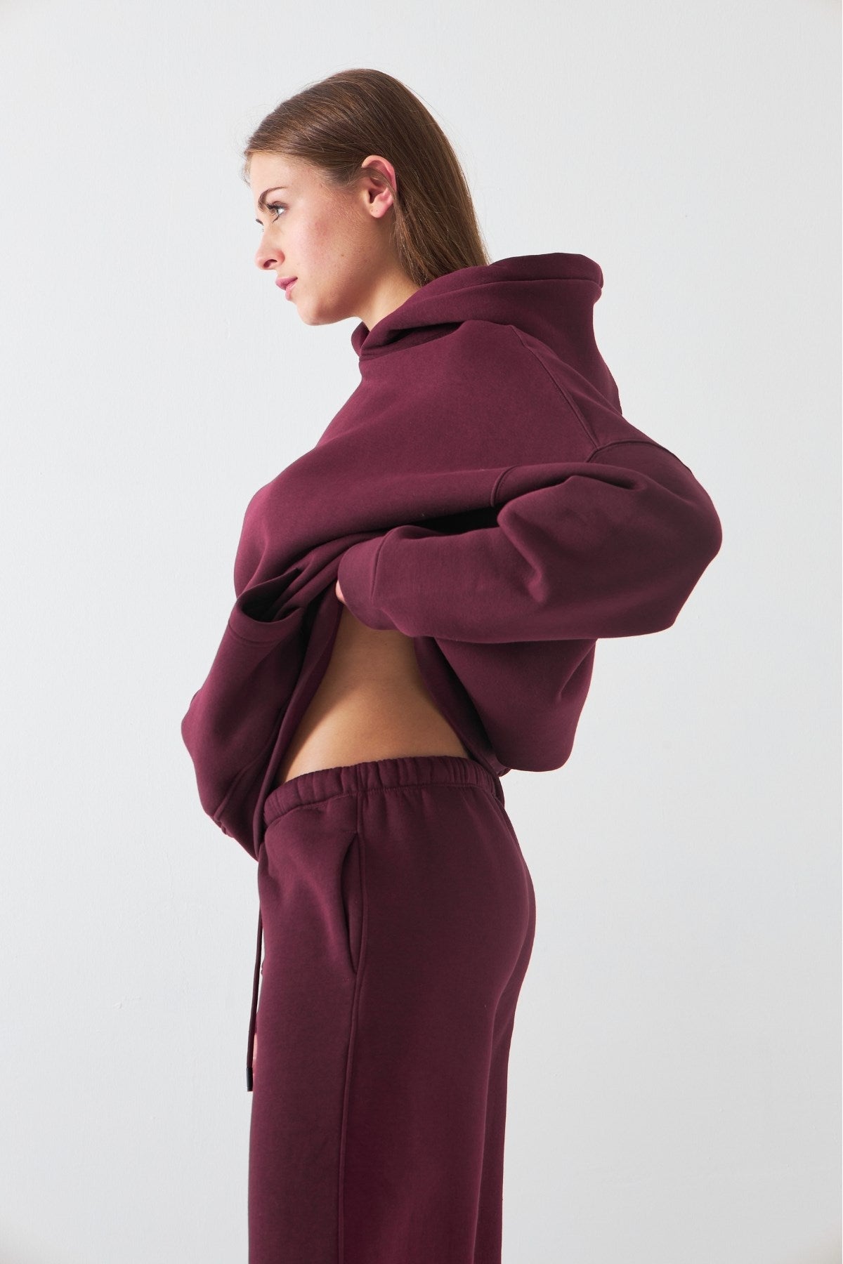 Oversize Unisex Sweatshirt Hoodie Bordo – Kapüşonlu, 3 İplik Şardonlu Polar, Kanguru Cepli, Basic