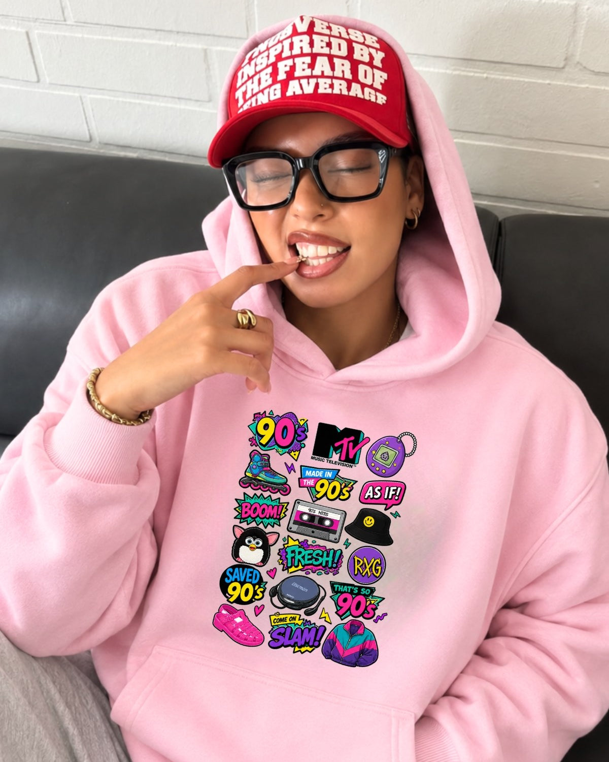 Kadın Oversize Hoodie Sweatshirt 90s Pop Patch Baskılı Pembe – Kapüşonlu, Kanguru Cepli, 3 İplik 