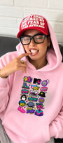 Kadın Oversize Hoodie Sweatshirt 90s Pop Patch Baskılı Pembe – Kapüşonlu, Kanguru Cepli, 3 İplik 