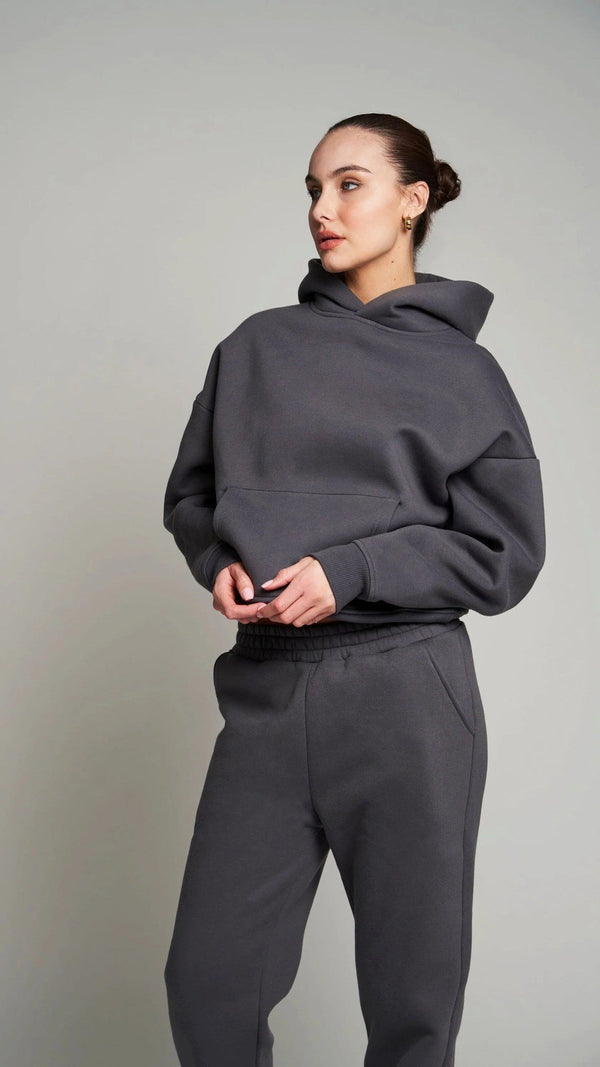 Kapüşonlu İçi Polar Füme Unisex Oversize Hoodie Sweatshirt