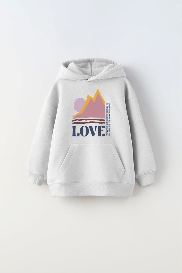 Kapüşonlu İçi Polar Love Yazı Baskılı Beyaz Unisex Çocuk Hoodie Sweatshirt