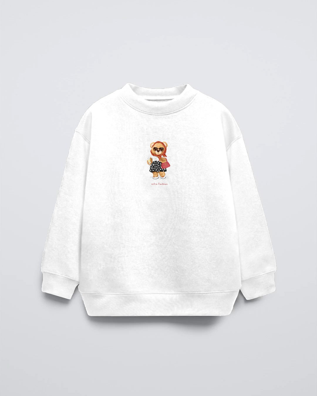 Beyaz Bisiklet Yaka Retro Fashion Yazılı Puantiyeli Ayıcık Baskılı Oversize Çocuk Sweatshirt