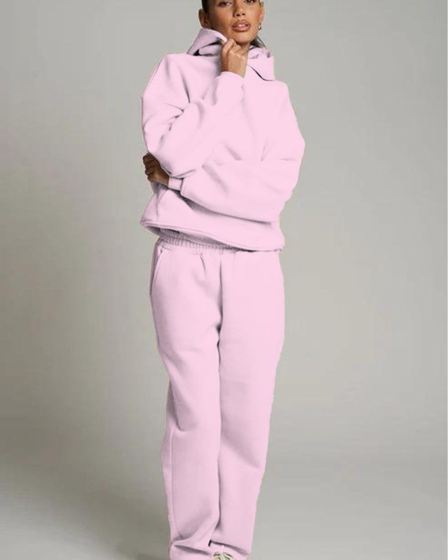 Pembe Kapüşonlu Basic Bel Lastikli Boru Paça Cepli Oversize Eşofman Takımı