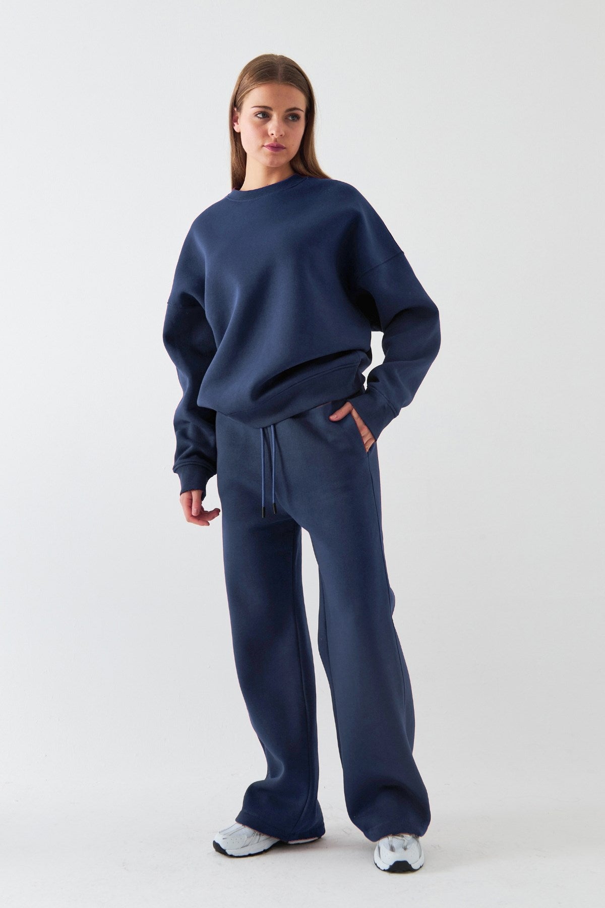 Unisex Oversize Eşofman Takımı Basic Marine – Bisiklet Yaka, Bol Paça, 3 İplik Şardonlu Polar