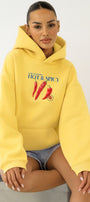 Kadın Oversize Sweatshirt Hoodie Hot & Spicy Baskılı Sarı – Kapüşonlu, 3 İplik Şardonlu Polar
