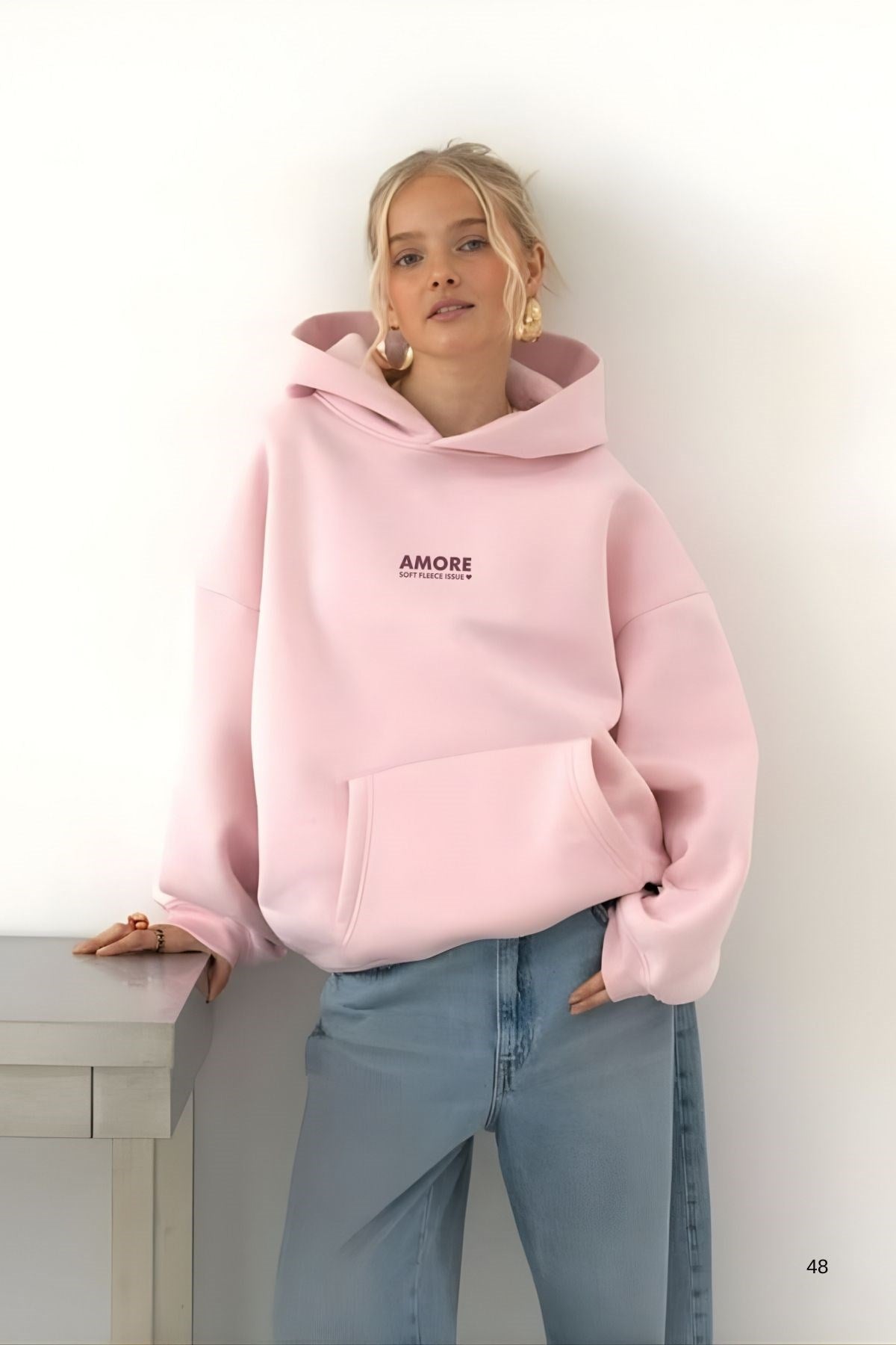 Kadın Oversize Sweatshirt Hoodie AMORE Pembe – Kapüşonlu, 3 İplik Polar, Kanguru Cepli