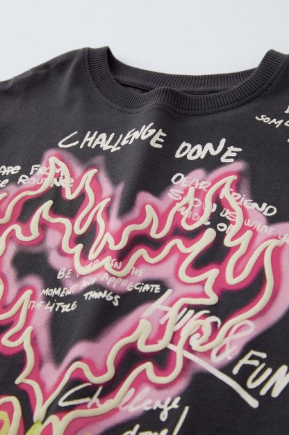 The Champ Extra Fun Yazılı Alevli Kalp Tasarım Baskılı Gri Kız Çocuk T-Shirt