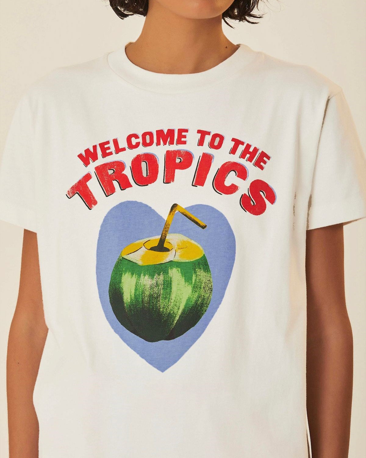Kadın Beyaz Tişört – Tropikal Hindistan Cevizi Baskılı Welcome to The Tropics Yazlık Oversize