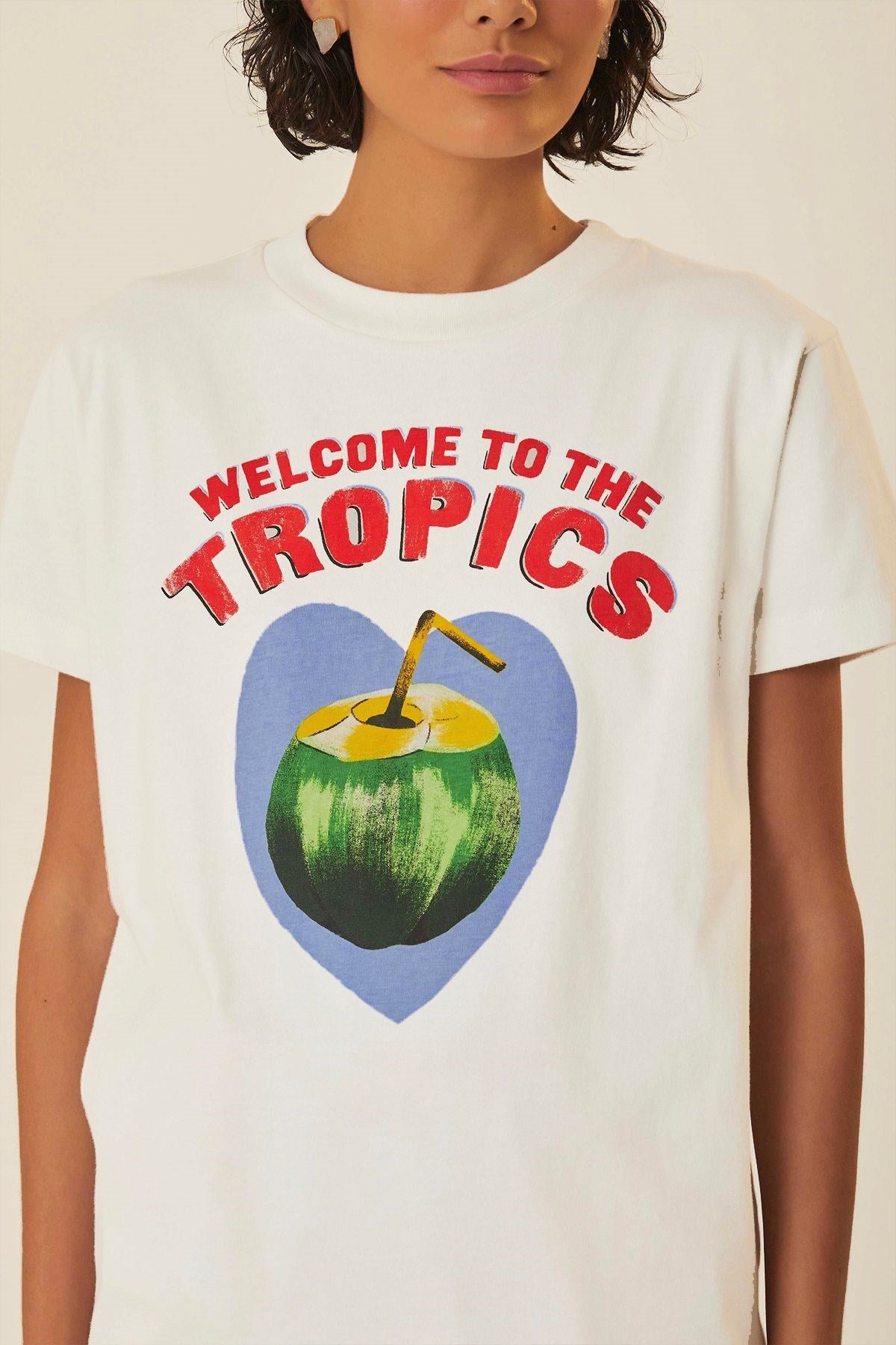 Kadın Beyaz Tişört – Tropikal Hindistan Cevizi Baskılı Welcome to The Tropics Yazlık Oversize