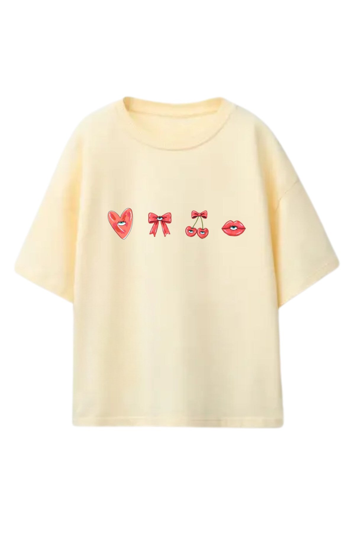 Kız Çocuk Oversize Tişört Cherry Kiss Baskılı Sarı – Bisiklet Yaka, Rahat Kalıp, %100 Pamuk