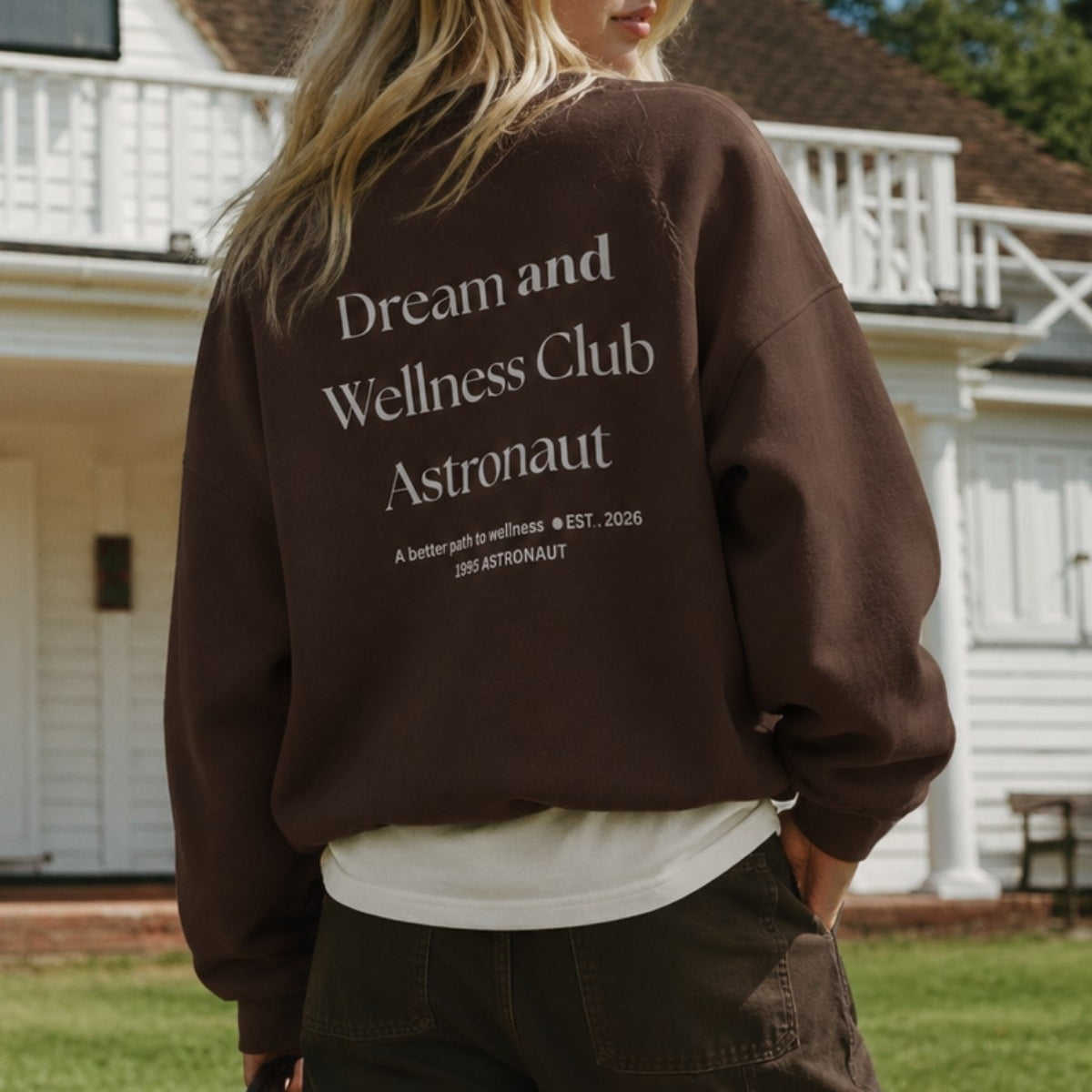 Kadın Oversize Sweatshirt Wellness Baskılı Kahverengi – Bisiklet Yaka, 3 İplik Şardonlu Polar